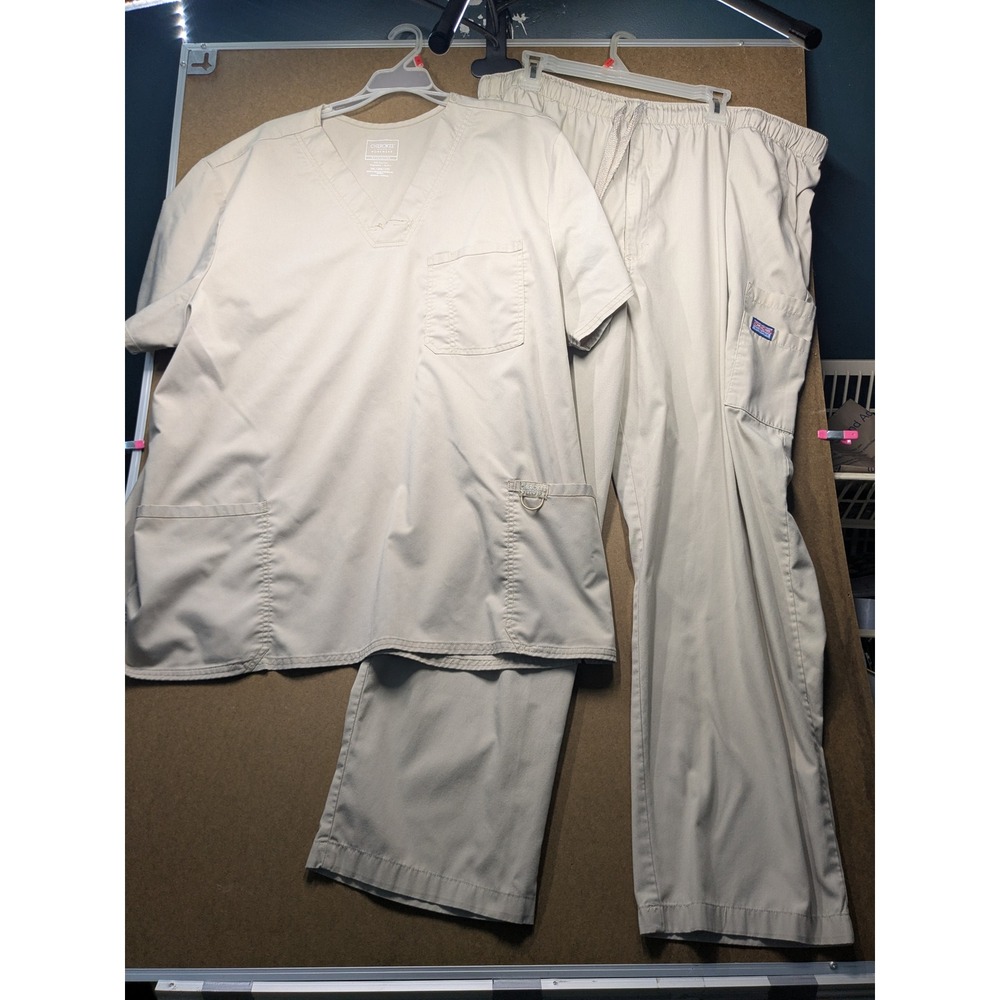 Cherokee Workwear Revolution Scrub Set Khaki Tan V-Neck Top Cargo Pants 2XL